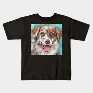 An Expressive Painting of a Brown and White Australian Shepherd Smiling Kids T-Shirt